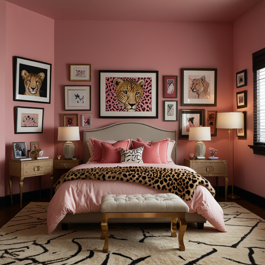 Wall filled with leopard photos, pink art, and chaotic framed quotes. The room breathes wild creativity through organized chaos.