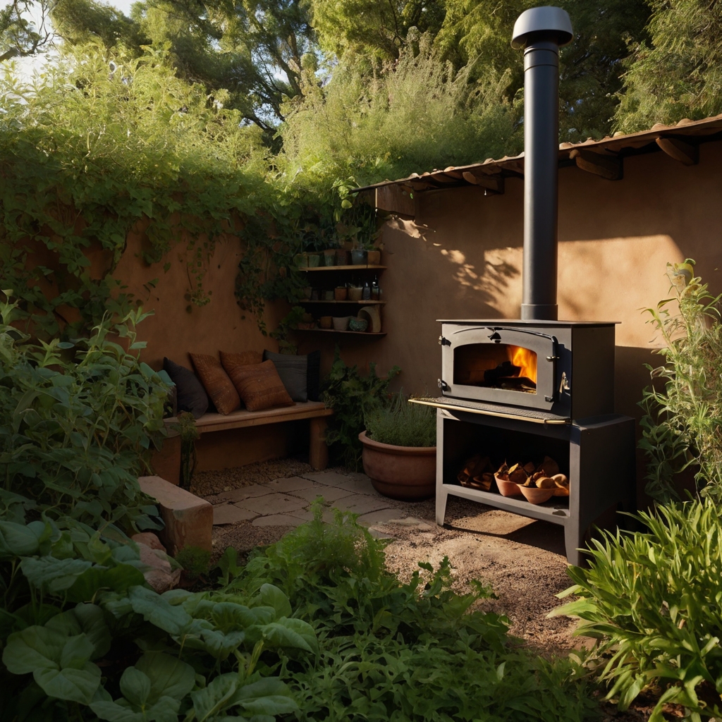 A private cooking area surrounded by raised garden beds, with a clay stove as the centerpiece. The peaceful environment provides a rustic, natural cooking experience.