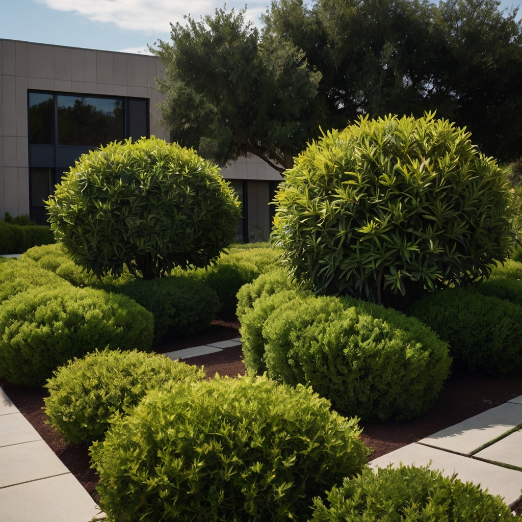 Box-shaped shrubs line the yard in symmetrical balance. Modern design finds rhythm in sculpted greenery.