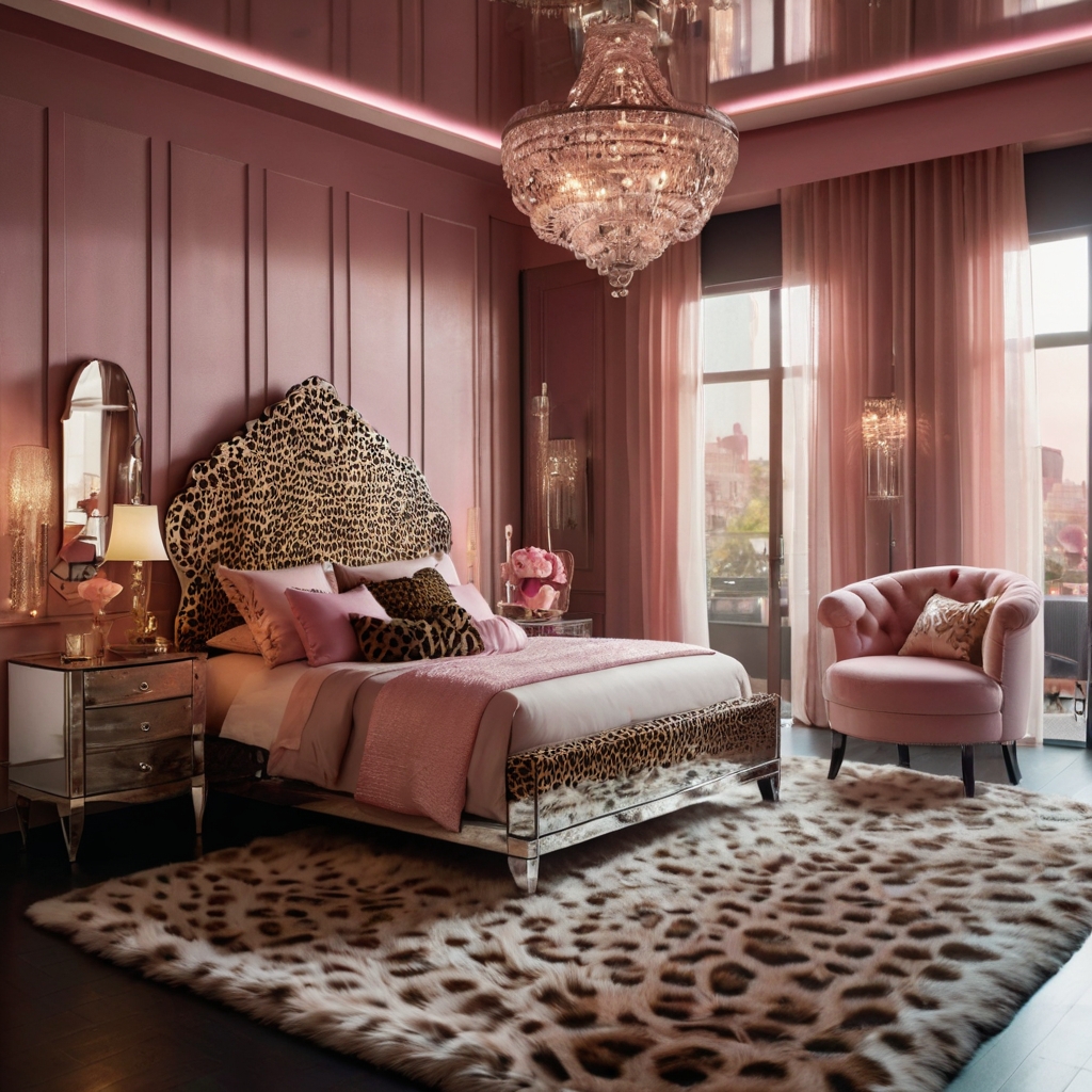 Mirrored tables and rose-toned surfaces amplify pink and cheetah prints. Leopard bedding brings glamor and wild contrast.
