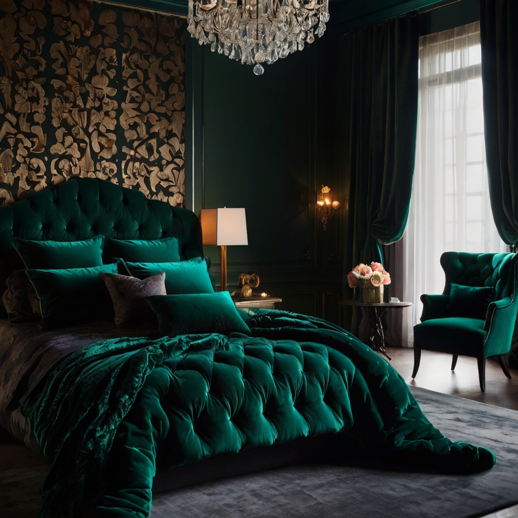 Emerald velvet headboard and jewel-toned accents exude luxury. Ambient chandelier glow adds soft shimmer and depth.