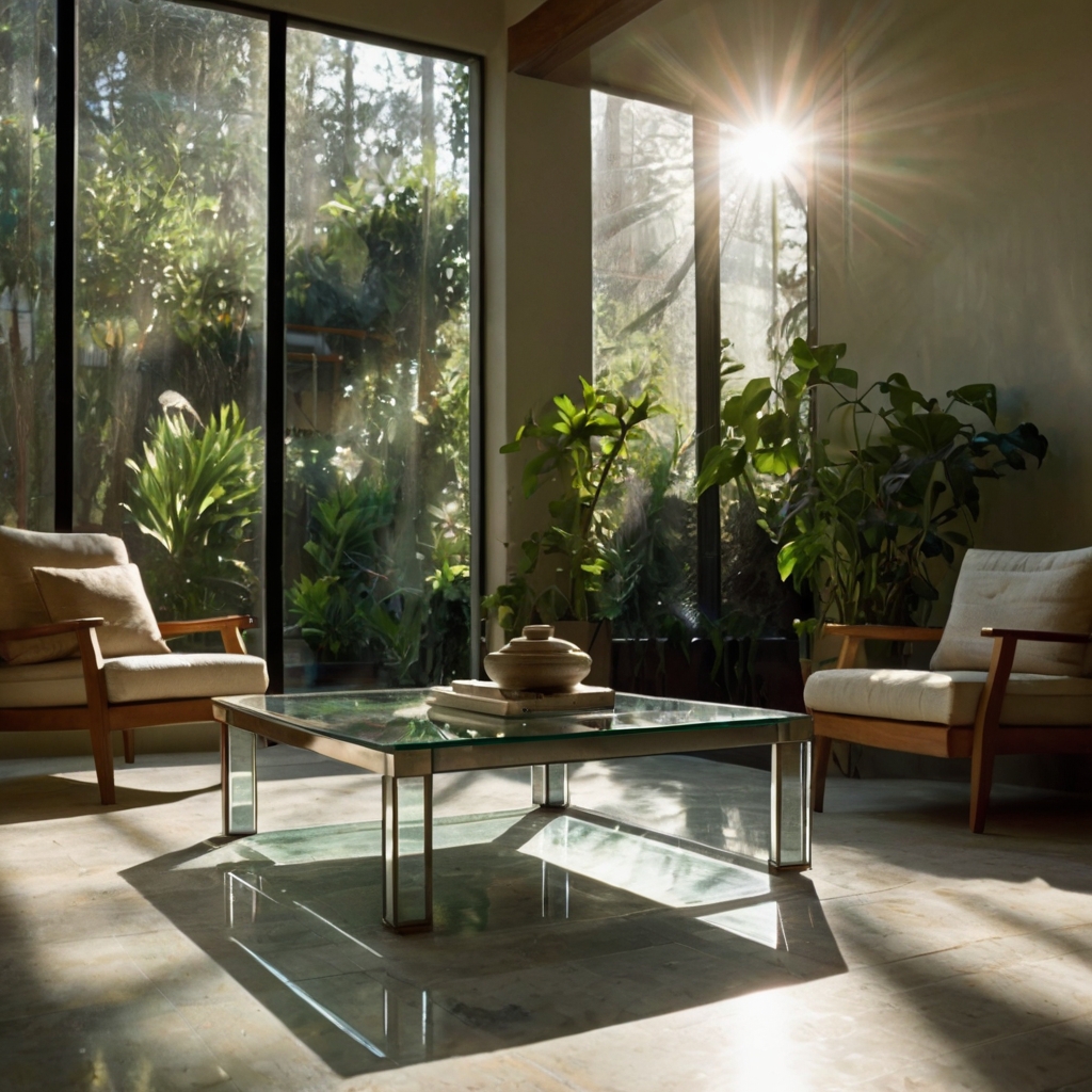 A clear glass coffee table reflects golden sunbeams onto tiled floors. Its transparency keeps the sunroom feeling open and light.