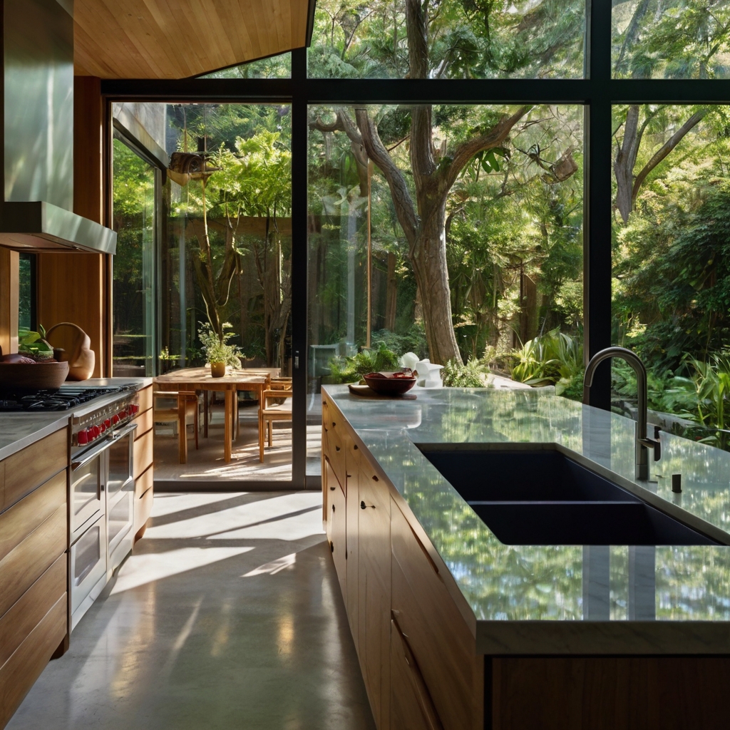 Rear-facing sunroom wall of glass shows clear garden view behind reflective kitchen counters. Mid-height lens captures clean utensil layout on island with crisp outdoor detail.