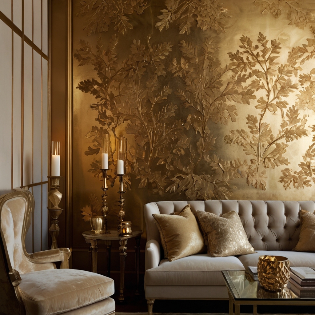 Accent wall panels with gold leaf reflecting chandelier light in soft shimmer. Textured plaster contrasts gold brilliance luxuriously.
