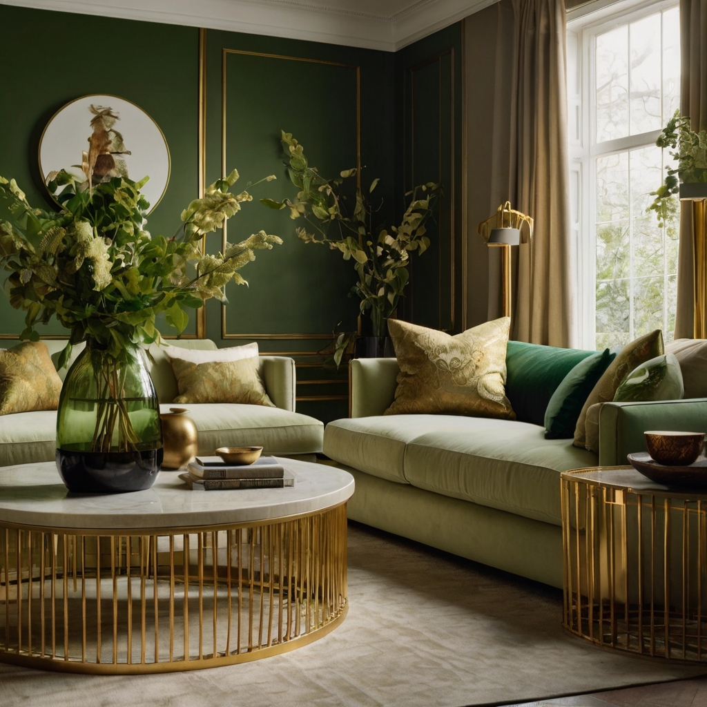 Gold accents like lamps and picture frames elevate the green and cream decor. Natural light and soft lighting add a luxurious touch.