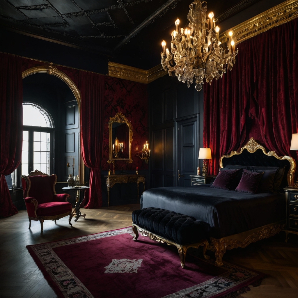 Gothic bedroom rich with dark velvets, ornate decor, and dramatic shadows. Bold elegance with a mysterious atmosphere.