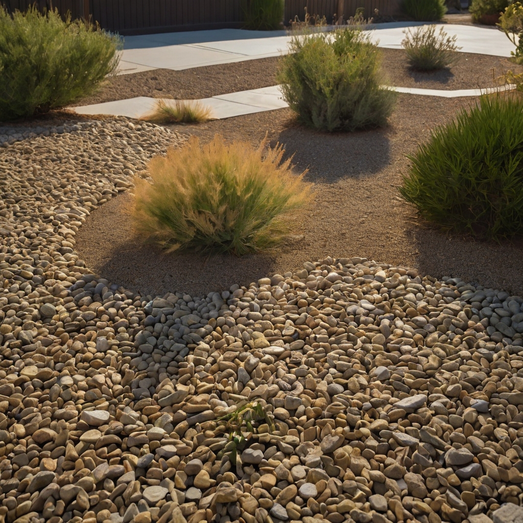 Contrasting gravel textures layer beneath plants and stone. A modern yard gains depth with tactile diversity.