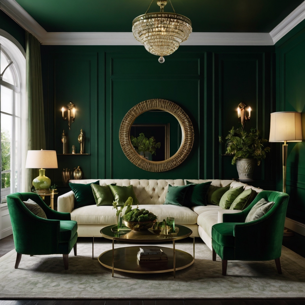 Dark green walls paired with cream furniture create a dramatic yet elegant look. Soft pendant lighting enhances the luxurious atmosphere.
