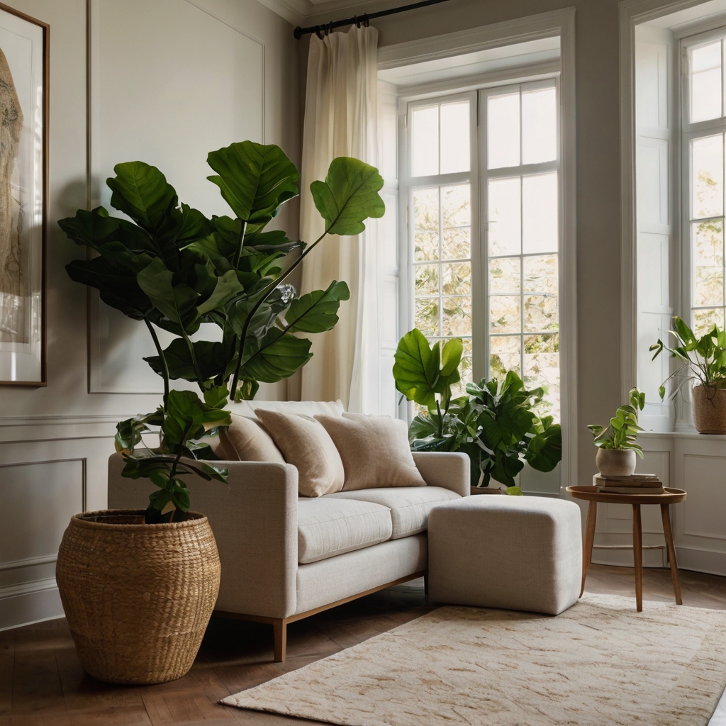 Tall indoor plant by a bright window in a neutral corner. Leaf shadows and natural shapes bring life to minimalism.