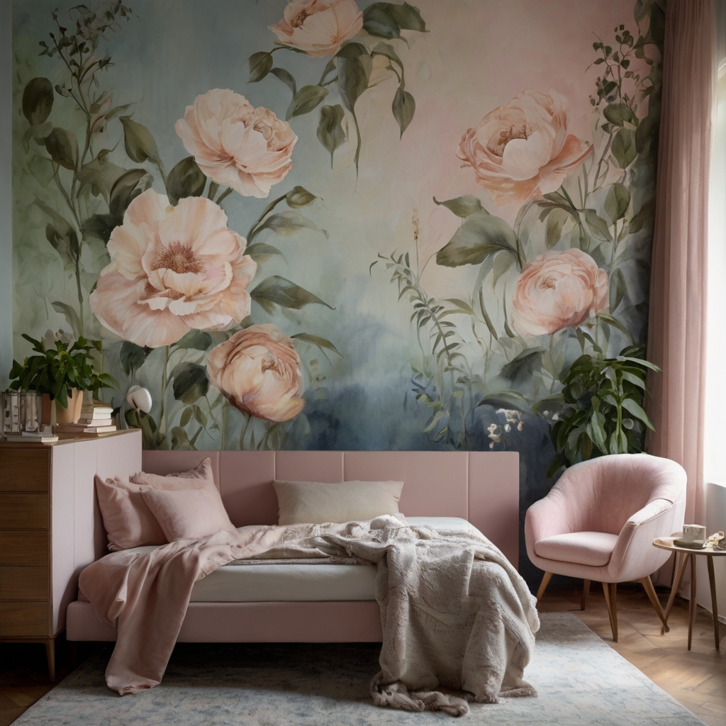 Soft watercolor floral mural on textured plaster wall, kissed by diffused morning light. Visible brushstrokes and pastels evoke serenity and charm.