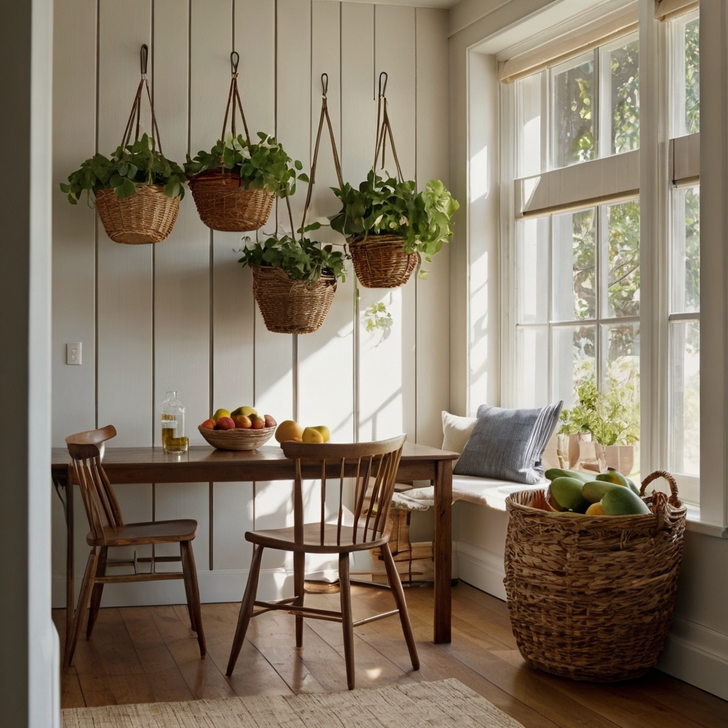 Wire baskets hang with fruits or socks in a bright, clean corner nook. Airy textures and natural light create a fresh vibe.