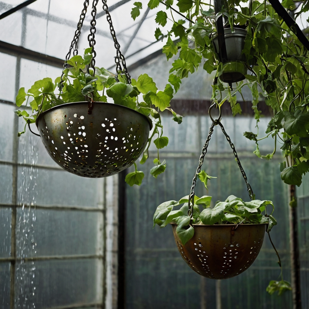 Painted colanders overflow with ivy and herbs hanging from beams. Upcycled kitchenware adds playful charm to garden airspace.