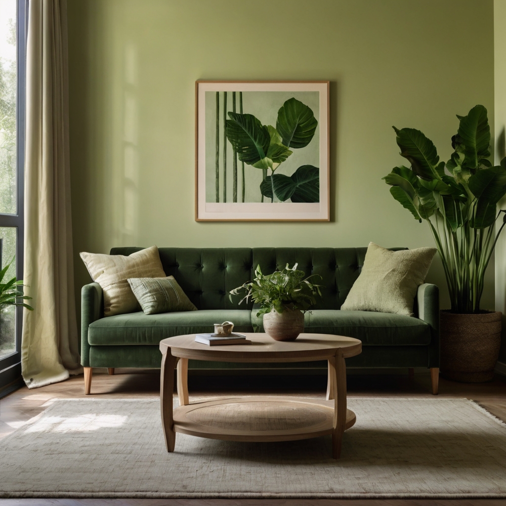 A serene living room with green cushions and a cream sofa. Natural light enhances the peaceful, nature-inspired ambiance.