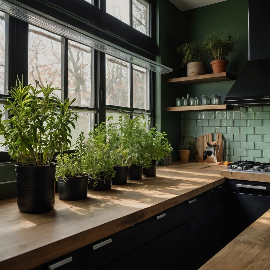Herb planters rest on wood shelves beside matte black cabinetry under morning skylight. Chrome fixtures glisten below fresh greenery in a clean, hyper-real kitchen layout.