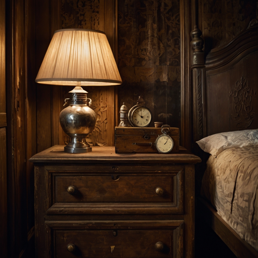 Aged wooden chest and vintage mirror tell nostalgic stories. Warm side light reveals history in every worn edge.