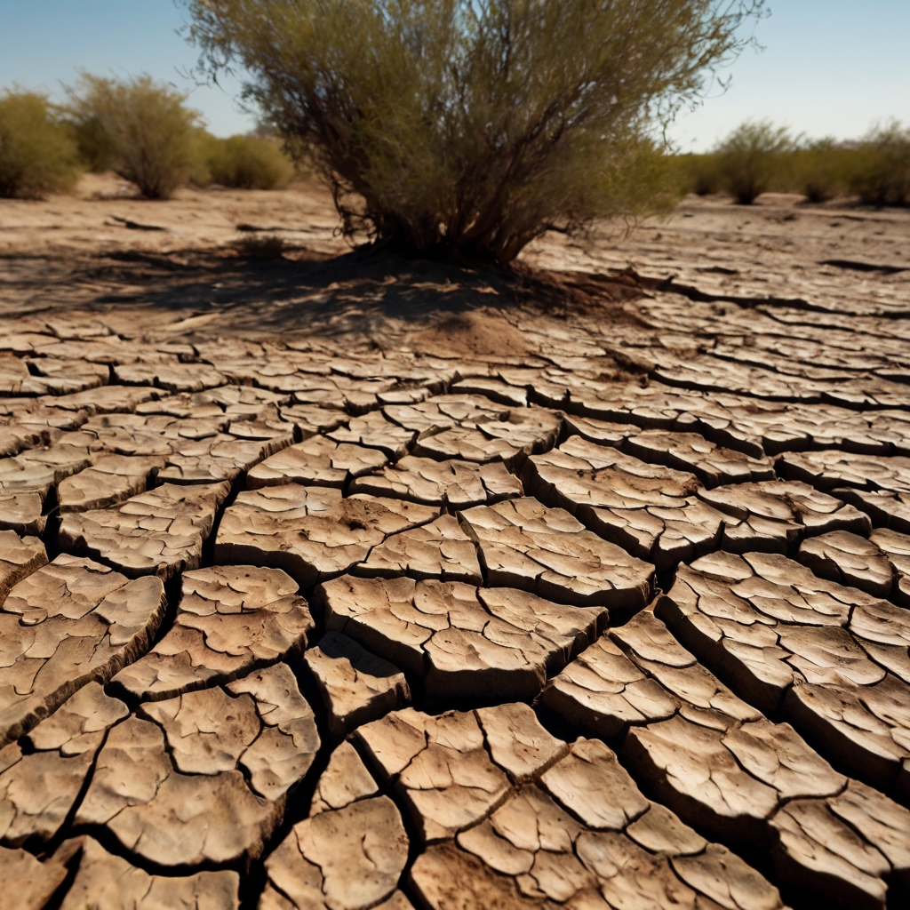 Sunlit aerial view of herniaria hugging cracked dry earth in a heat-touched landscape. Faint footpath and strong shadows define the resilient ground cover.