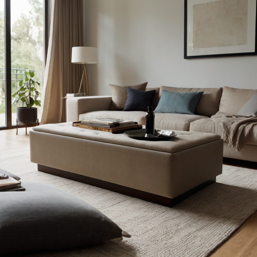 Storage ottoman blends into soft decor under bright natural light. Clutter-free surfaces keep the living room calm.