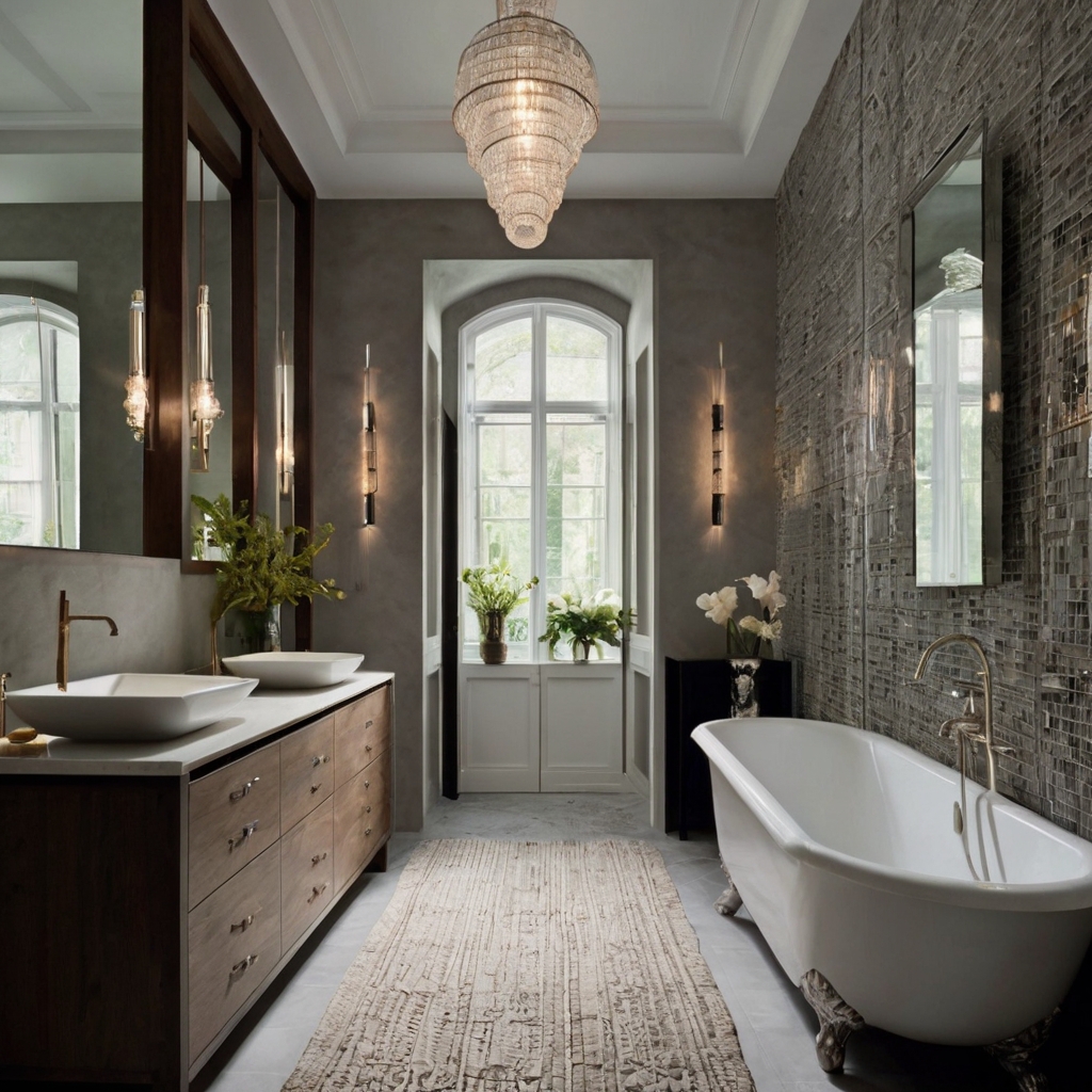 Tall ceilings and vertical tiles give the bathroom upward depth. Hanging fixtures draw the eye and expand visual height.