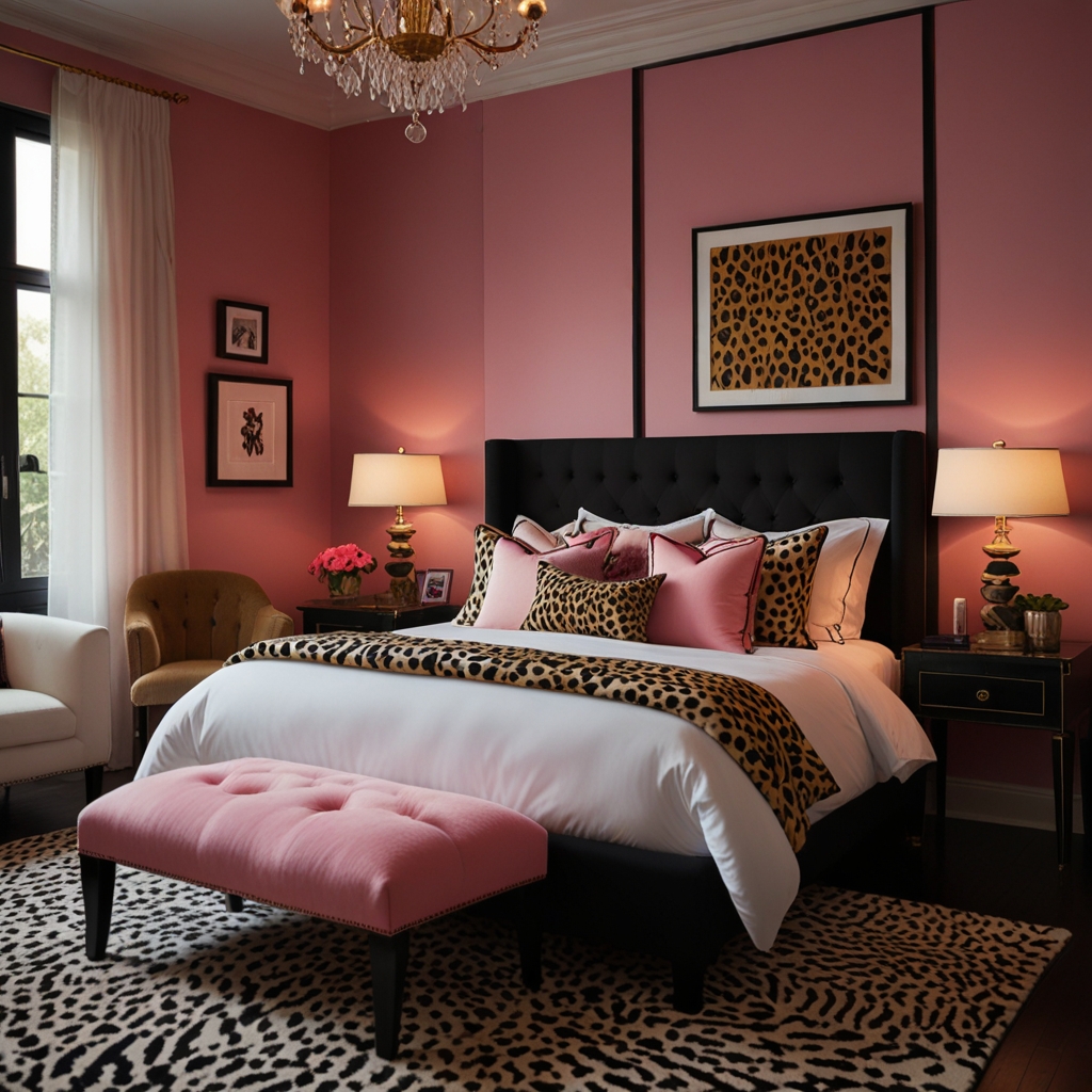 Thick black lines edge pink and cheetah patterns under moody lighting. High contrast and heavy shadows give sharp sophistication.