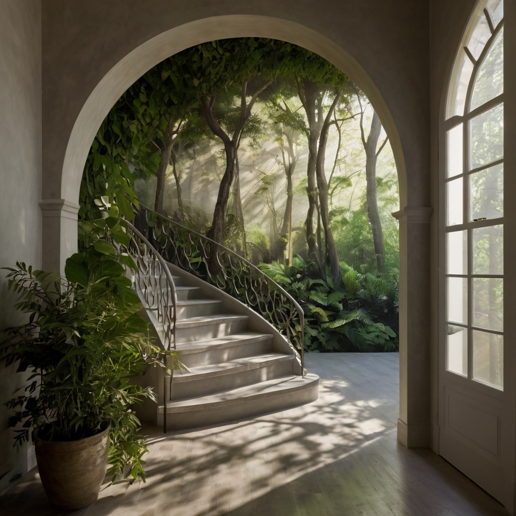 Forest scene mural creating illusion of depth on a hallway accent wall. Soft daylight enhances realism and expands narrow space visually.