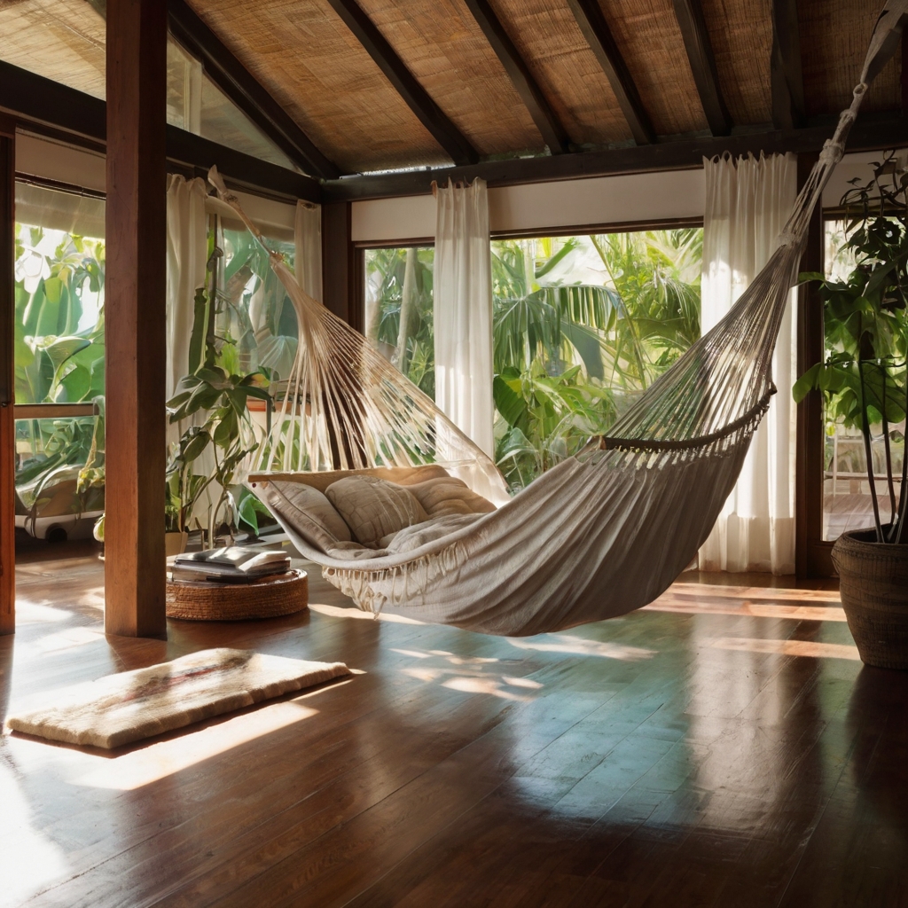 A hammock stretches from wall beam to post, basking in afternoon glow. Fabric ripples softly where breeze and light meet.