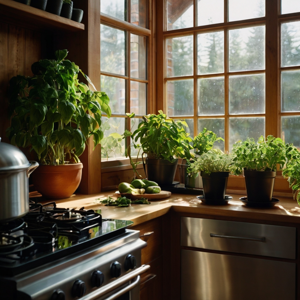 Close view of countertop herbs near oven in sunroom shows black induction top and warm light. Plant leaves reflect bright morning beams under soft steam detail from stovetop.