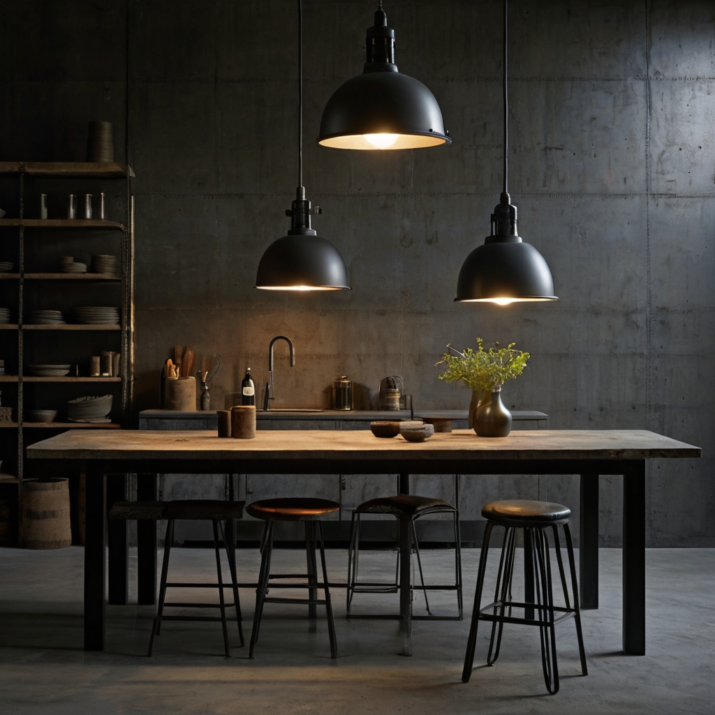 Raw cement-textured accent wall with metal shelves, spotlighted by moody industrial lighting. Trowel marks and gritty texture enhance rugged realism.