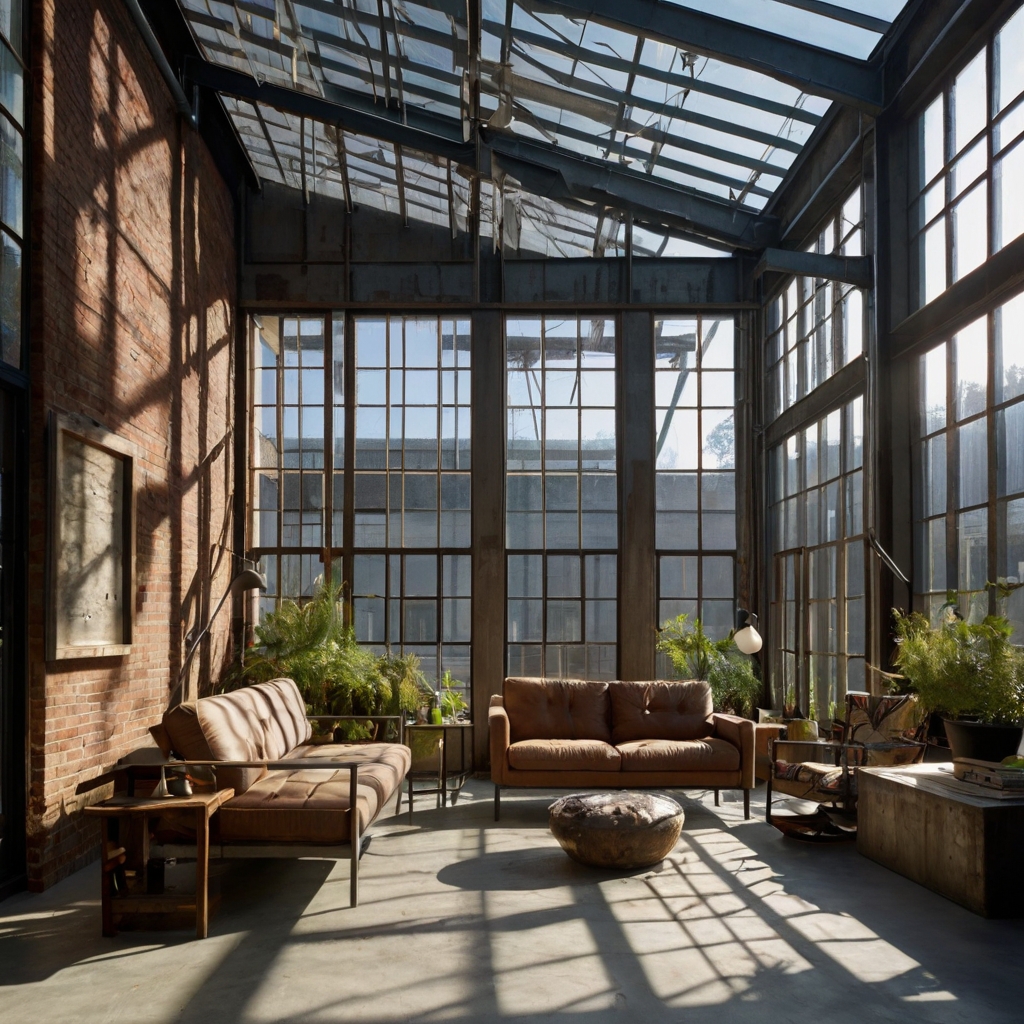 A sunroom with exposed steel beams, oversized furniture, and harsh sunlight streaming through large windows, creating an edgy, industrial atmosphere.