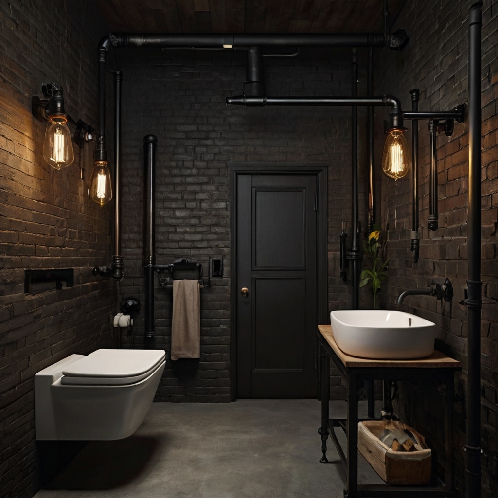 Matte black hardware and exposed pipes give a sleek industrial edge. Minimalist lighting completes the urban-inspired design.