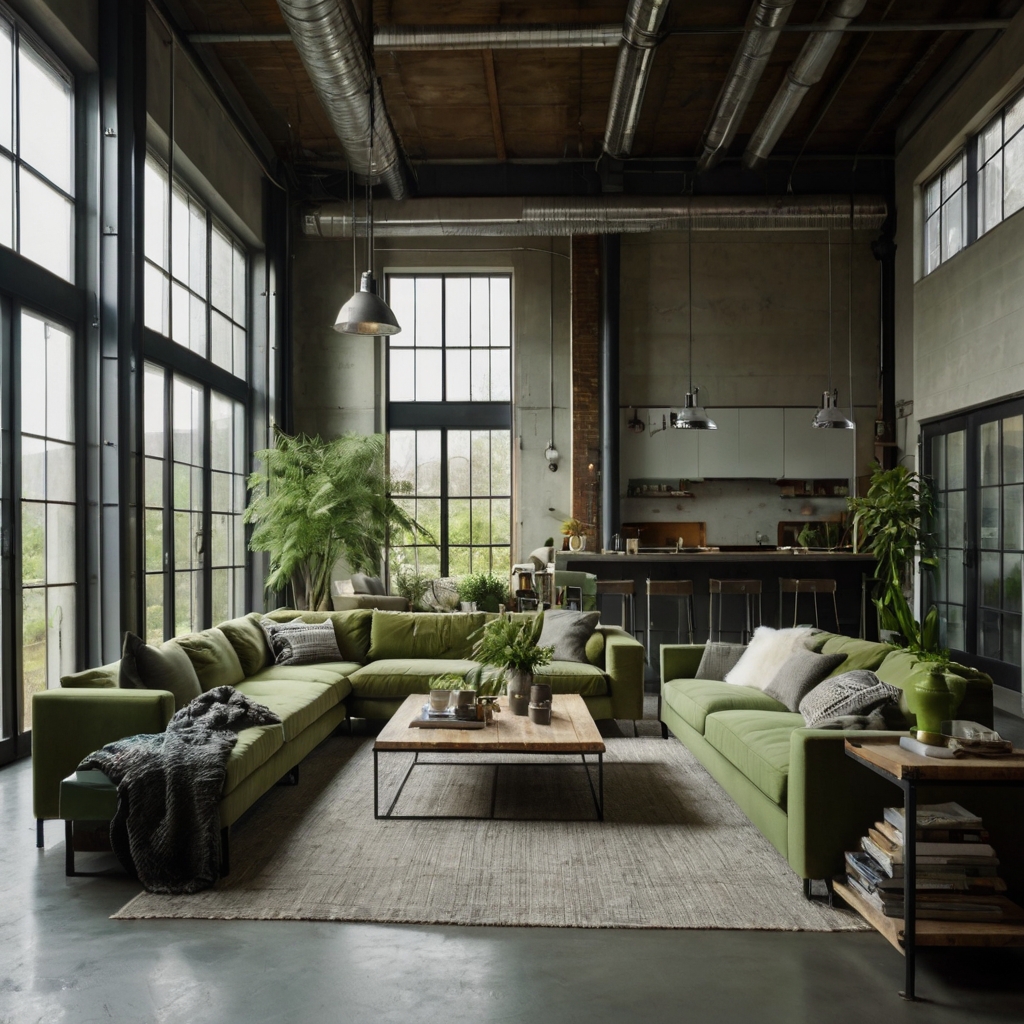 Raw steel fixtures mixed with green and cream elements create a modern industrial living room. Soft lighting balances the edgy design.