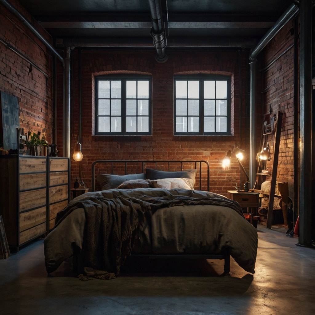 Urban bedroom with exposed brick walls, metal frames, and moody window lighting. Rugged details and open design reflect loft character.