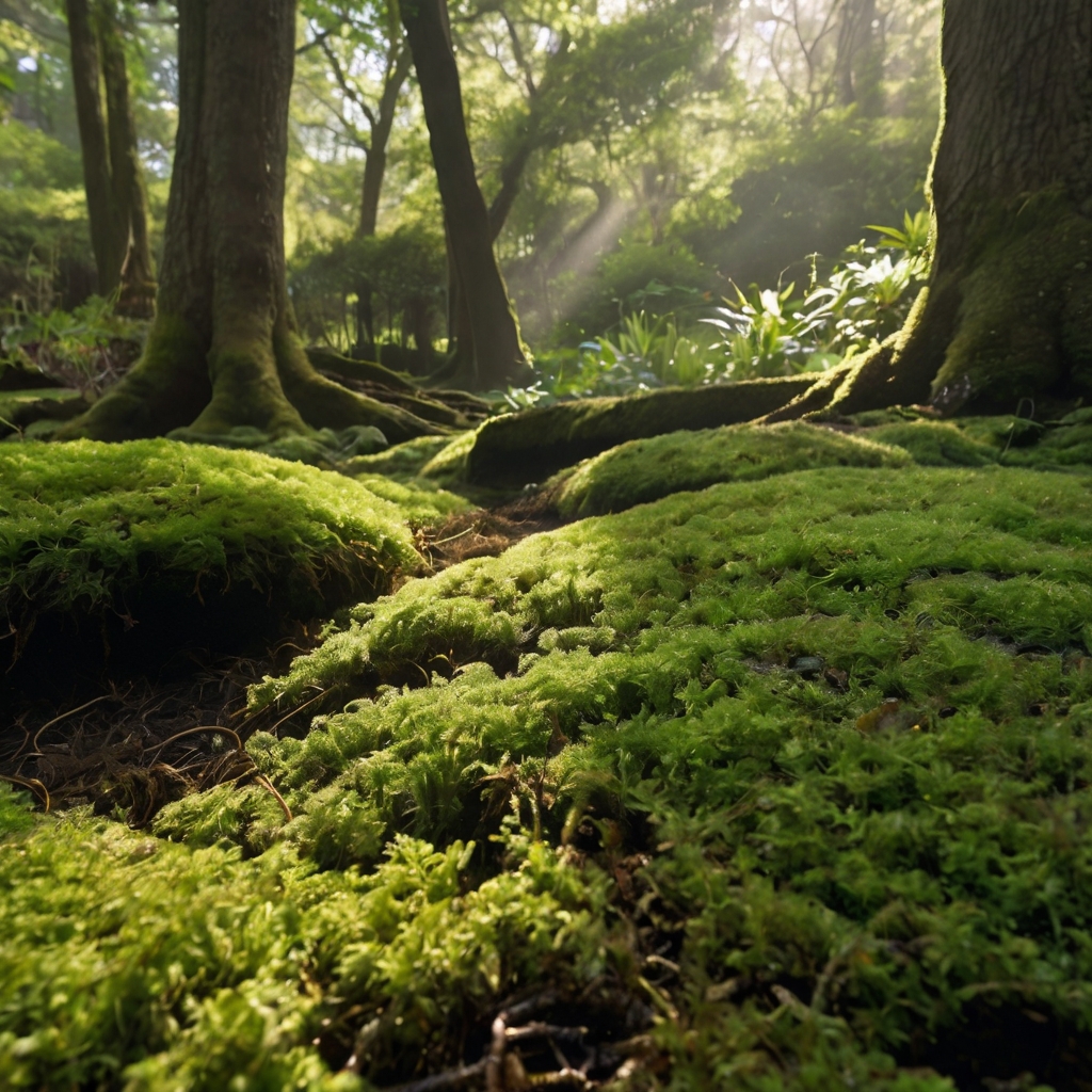 Close-up of Irish moss mounds in a misty stone garden, with soft footprints and moist soil detail. Diffused morning light highlights lush, velvety foliage.