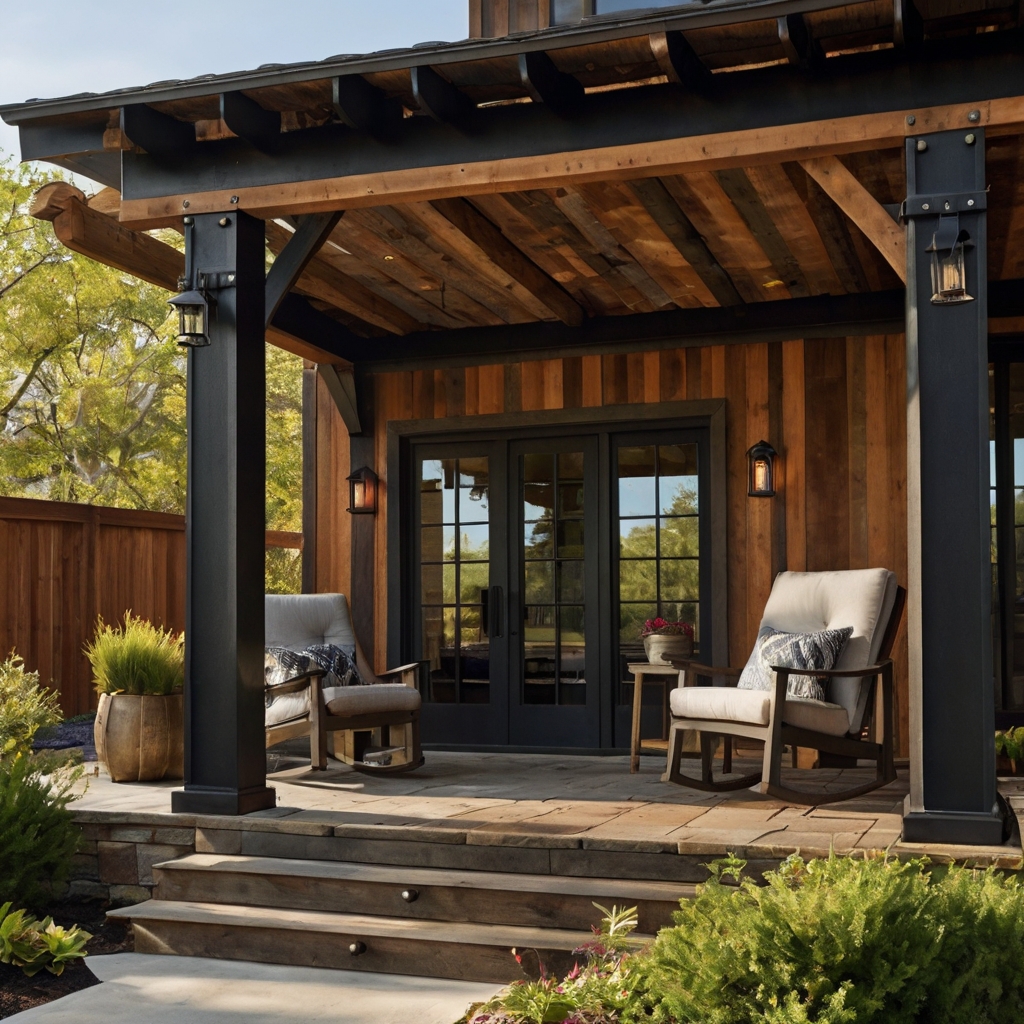 Heavy iron braces grip cedar posts with industrial flair. Bright sun highlights contrast between strength and grain.