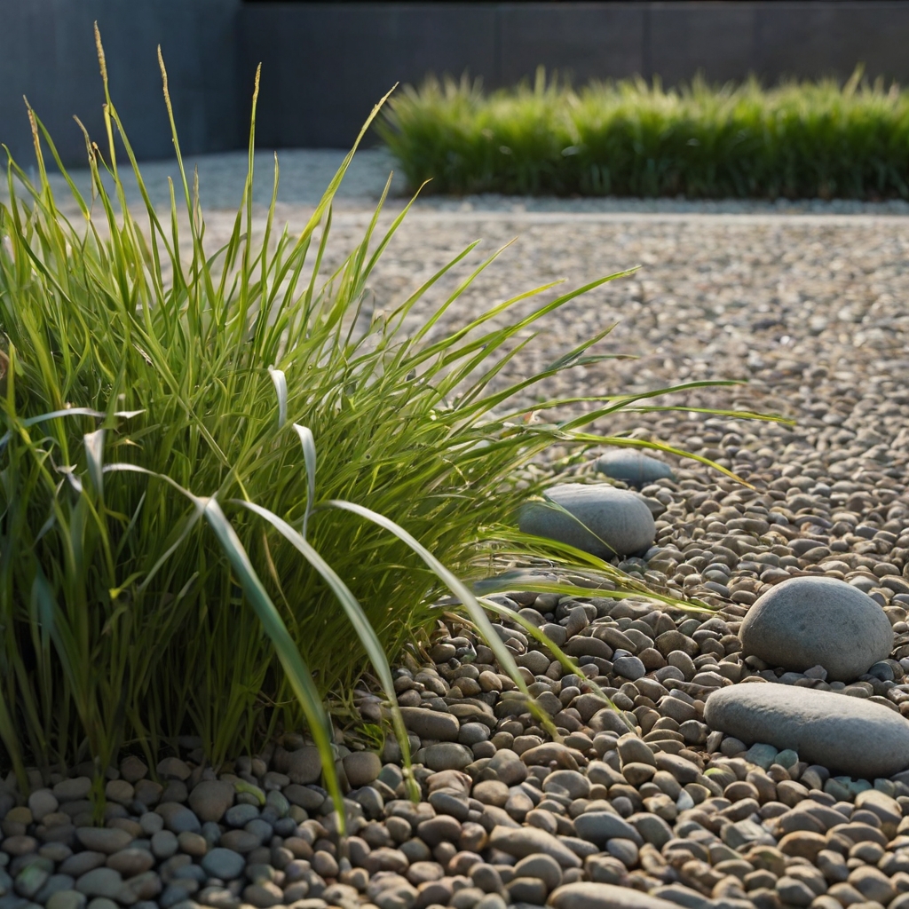 Side view of silky Korean grass clumps in a minimalist Zen garden with gravel and stone. Cool blue daylight reflects off blades and smooth soil.
