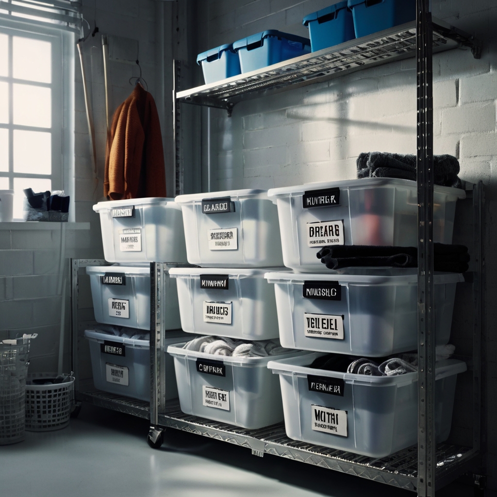 Clear storage bins labeled by category sit neatly on utility room shelves. Bright lighting enhances visibility and order.