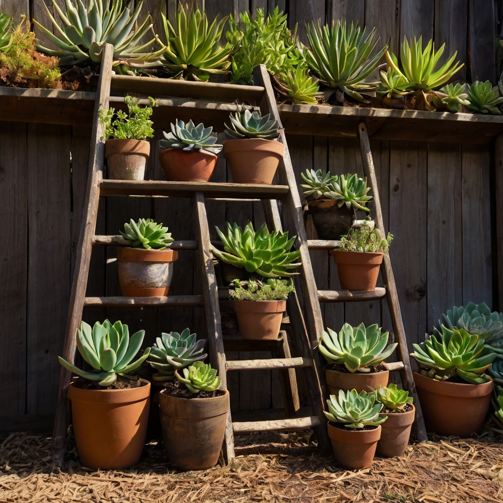 A vintage ladder supports rows of potted succulents and trailing vines. Vertical gardening adds layered texture and color to garden corners.