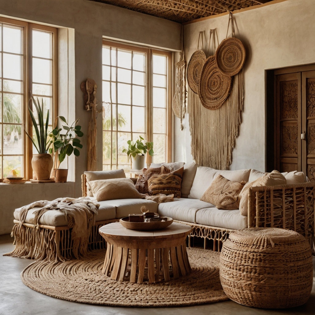 Neutral accent wall with off-white macramé textile casting soft afternoon shadows. Woven details and fringe depth bring bohemian warmth.