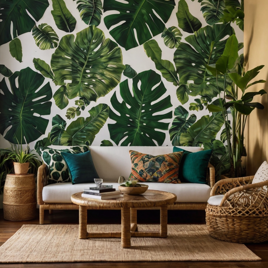 Oversized tropical leaf prints cover accent wall with rattan and macramé decor. Sunlight adds vivid greens and shadow play for a lush effect.