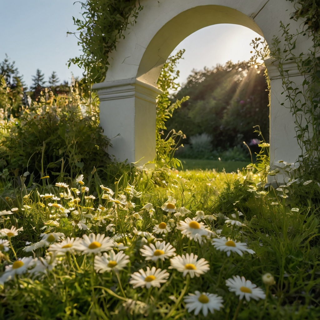 Chamomile flowers peek through lush green under a garden archway, caught in golden sunlight. Bare feet and glowing petals add warmth and softness.