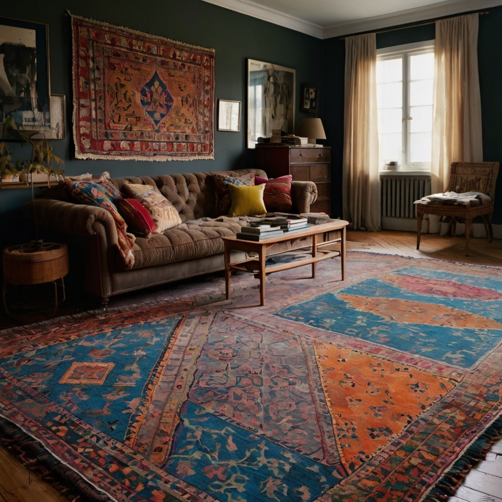 Multiple rugs stacked unevenly across the floor with frayed edges and bold prints. Soft, direct light enhances the chaotic yet cozy texture beneath.