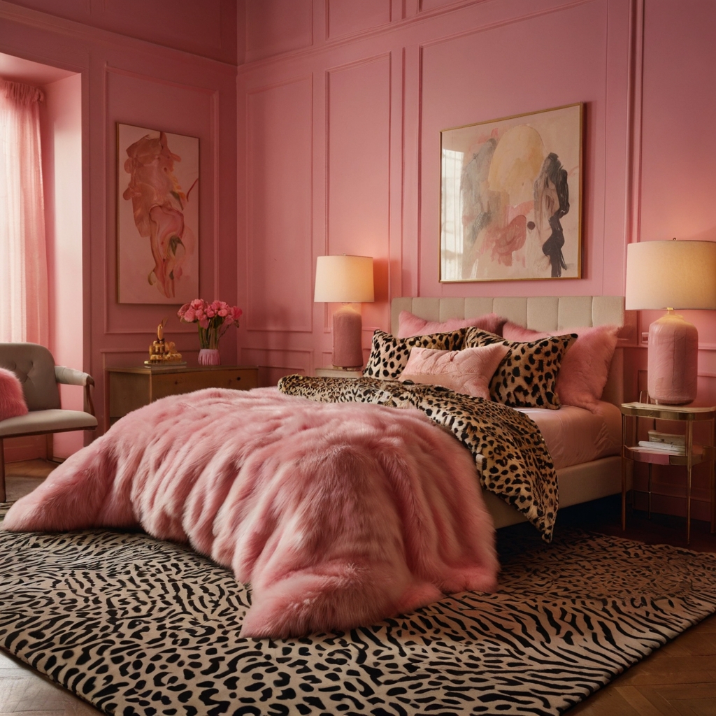 Velvet pink throws and coarse cheetah rugs contrast under shifting light. Touch becomes central in this texture-rich, moody space.