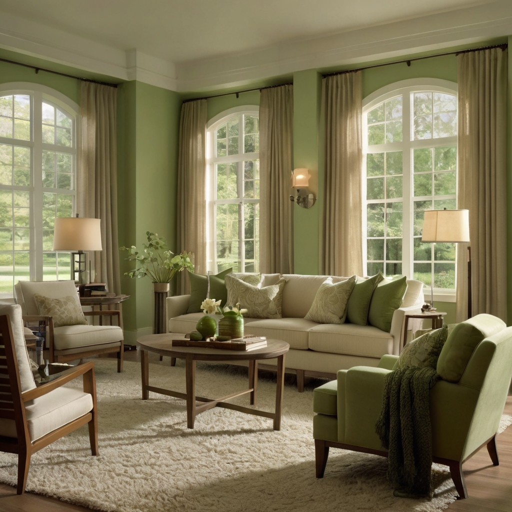 Light green walls and cream accents make the room feel airy and spacious. Natural light and wooden furniture complete the serene atmosphere.