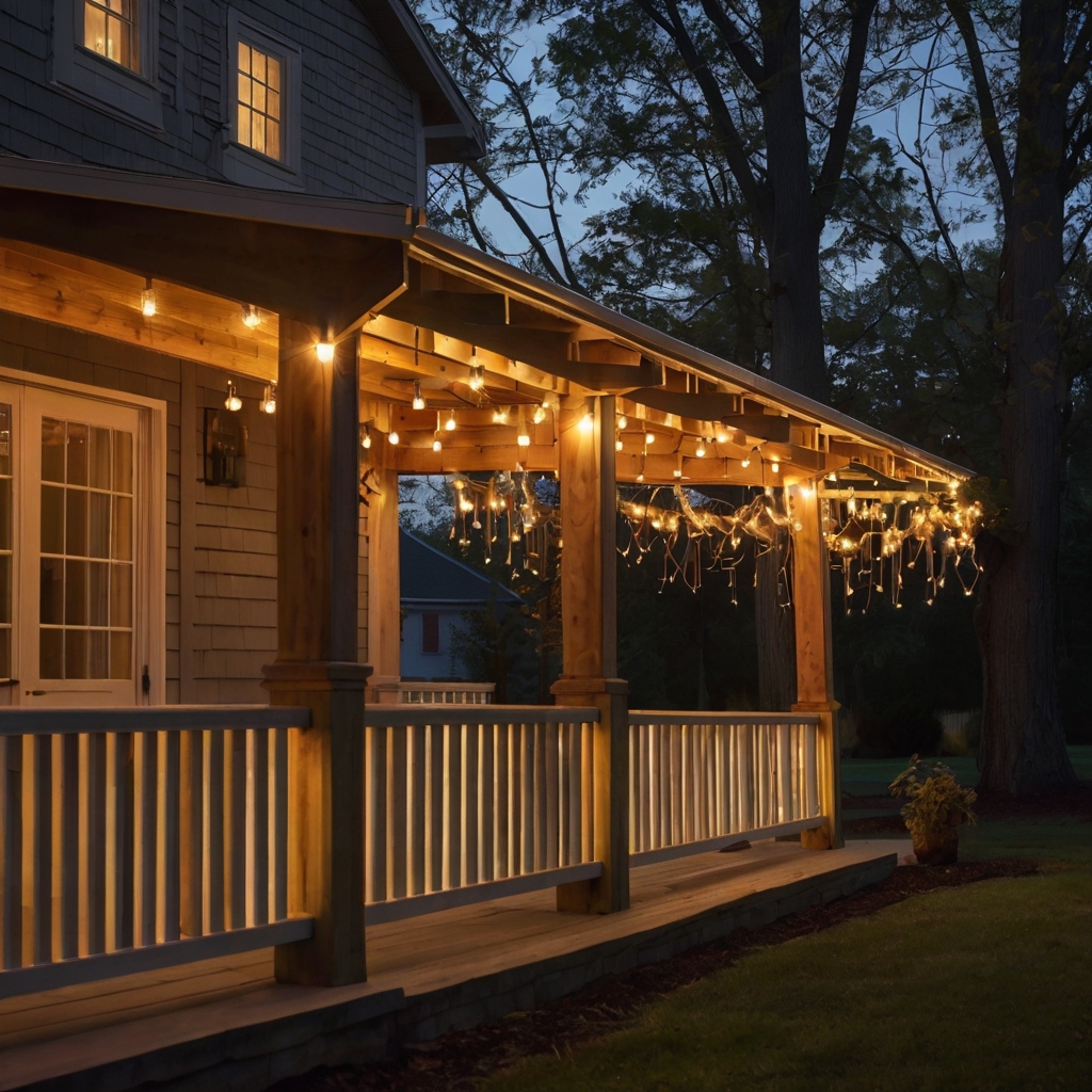String lights spiral gently around posts, glowing at dusk. Twilight ambiance highlights soft sparkle and wood detail.