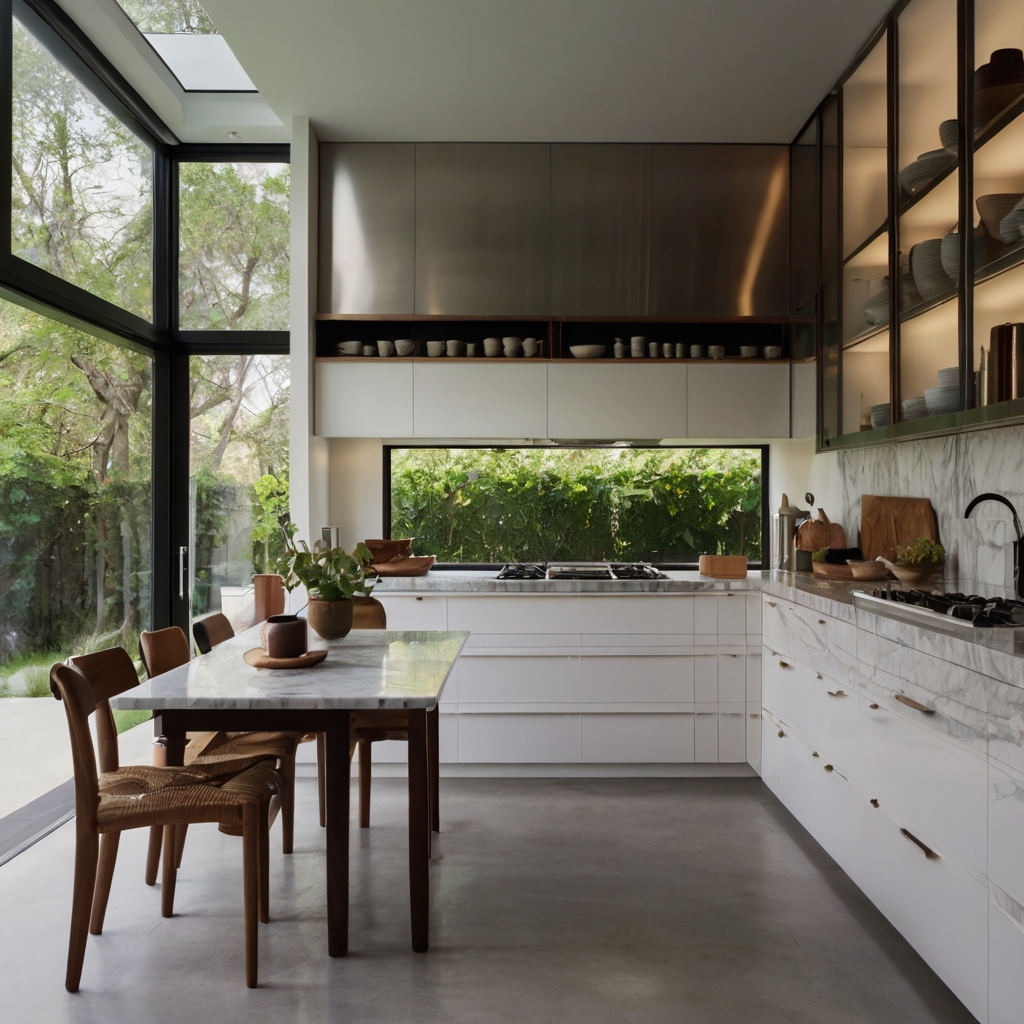 Kitchen connects to sunroom lounge with seamless marble surface and storage shelves. Soft morning contrast wraps stainless appliances and built-in cabinetry in natural light.