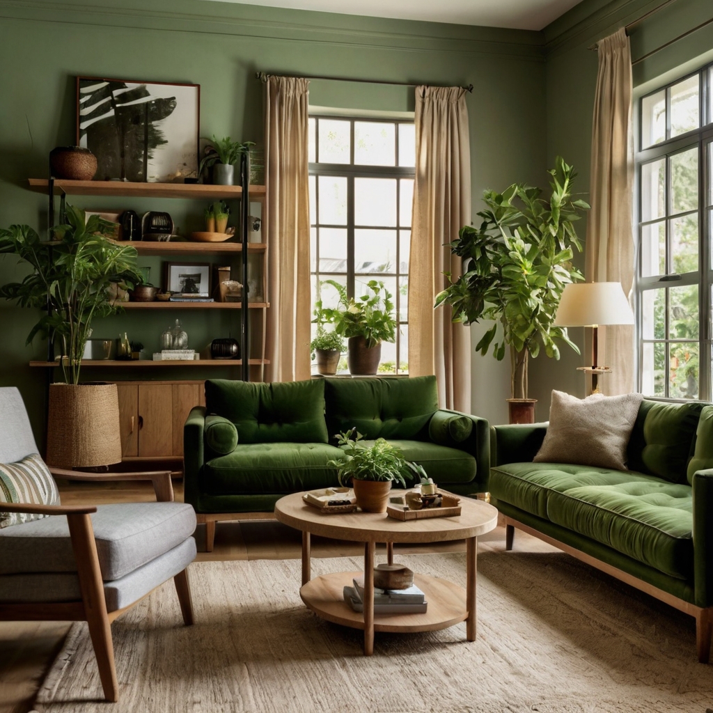 Green plants and wooden furniture create a fresh, cozy living space. Soft natural light highlights the vibrant green tones.