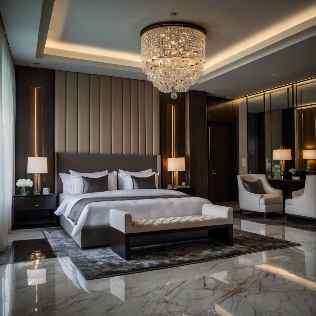 Luxury suite-style bedroom with high-thread linens, elegant lighting, and muted glamour. Polished decor replicates five-star hotel comfort.