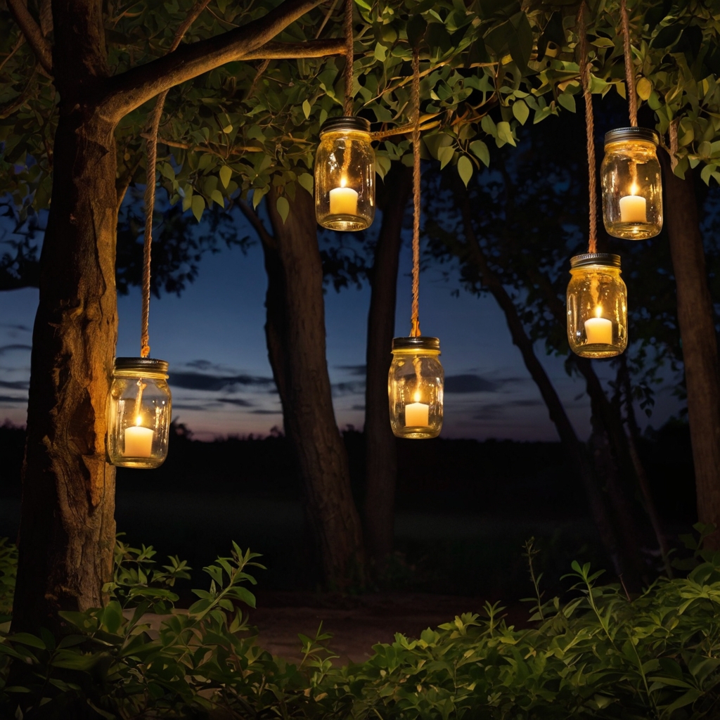 Mason jars filled with candlelight hang from tree branches at twilight. Soft flames glow through tinted glass in a cozy garden corner.