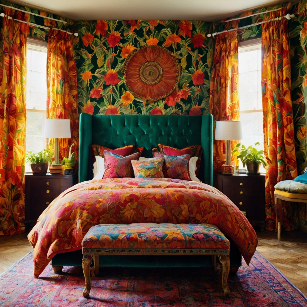 Bright sunlight floods a bedroom layered with tufted velvet bedding and bold patterned walls. Cascading plants add lush texture and visual energy.