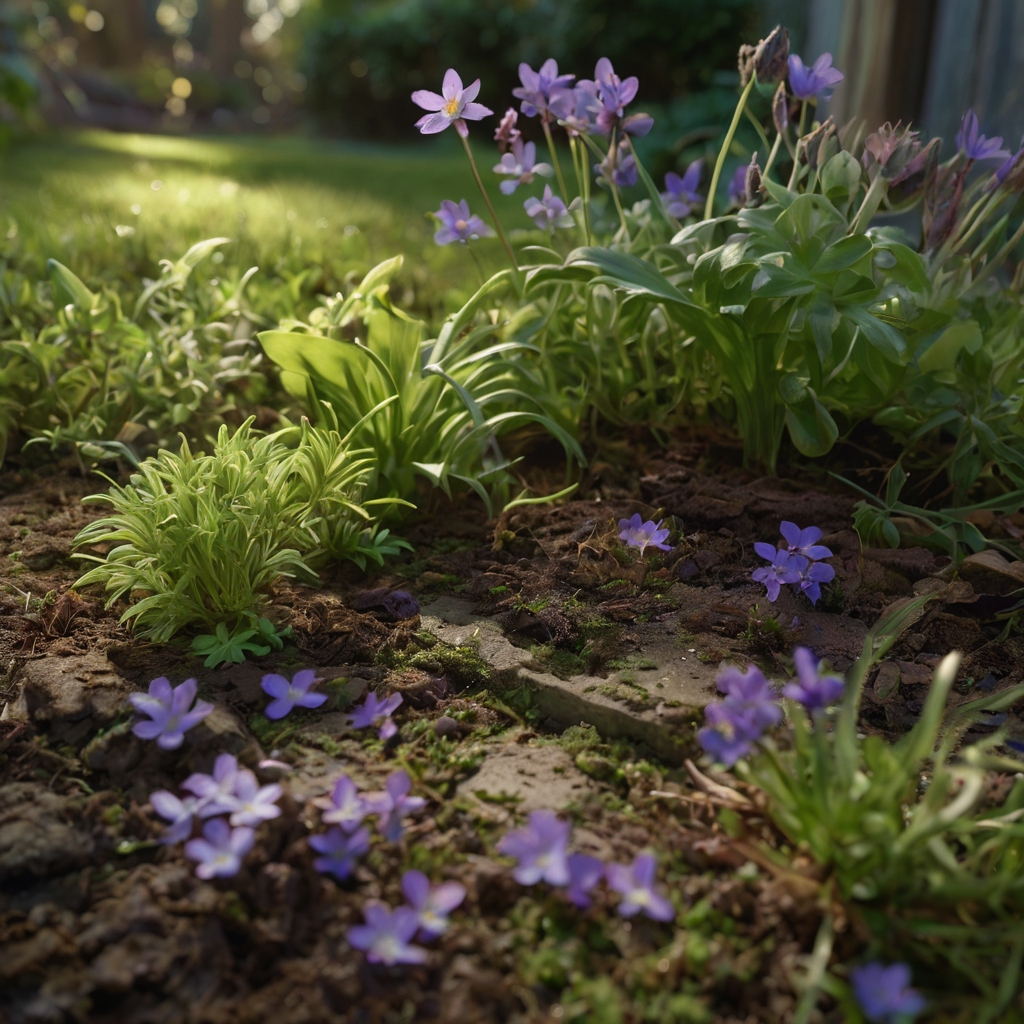Low garden view of blooming mazus reptans in soft shade with purple flowers. Toddler's foot mid-step and moist grass enhance natural, walkable ground feel.