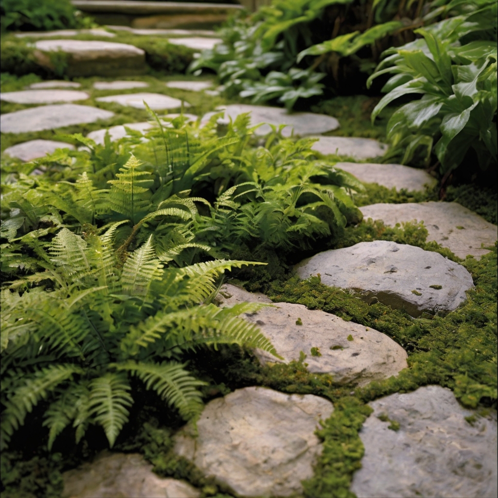 Macro image of miniature brass buttons carpeting shaded woodland soil with fern-like leaves. Tree roots, soft debris, and filtered forest light create full realism.